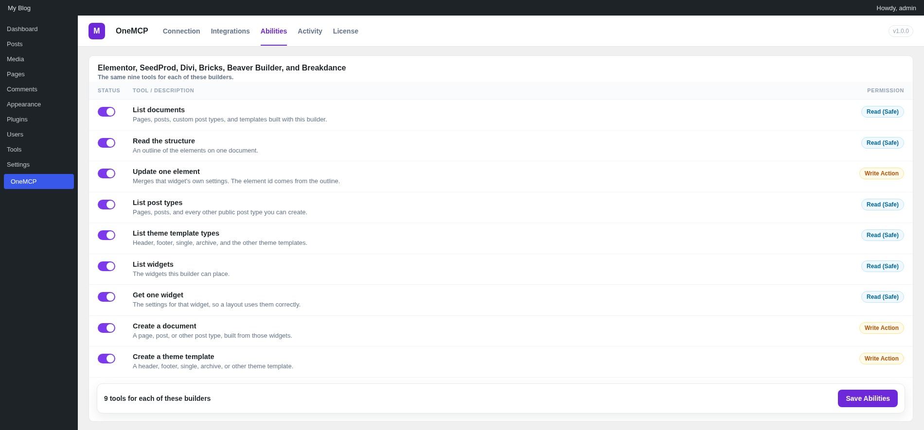 OneMCP Abilities screen with the nine tools shared by the page builders