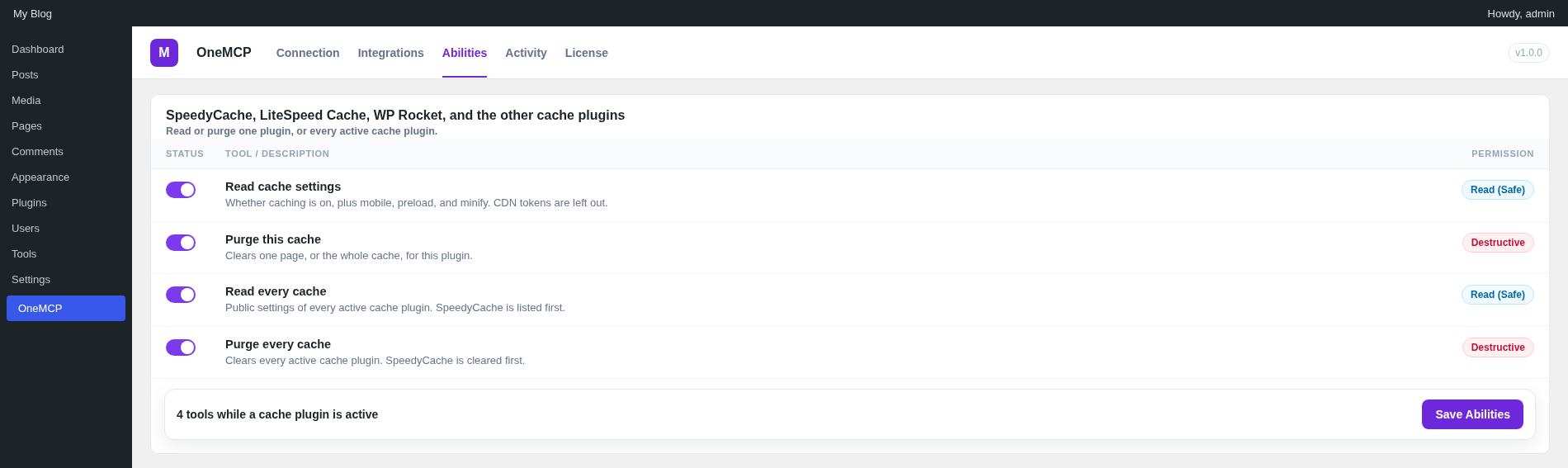 OneMCP Abilities screen with the four cache tools