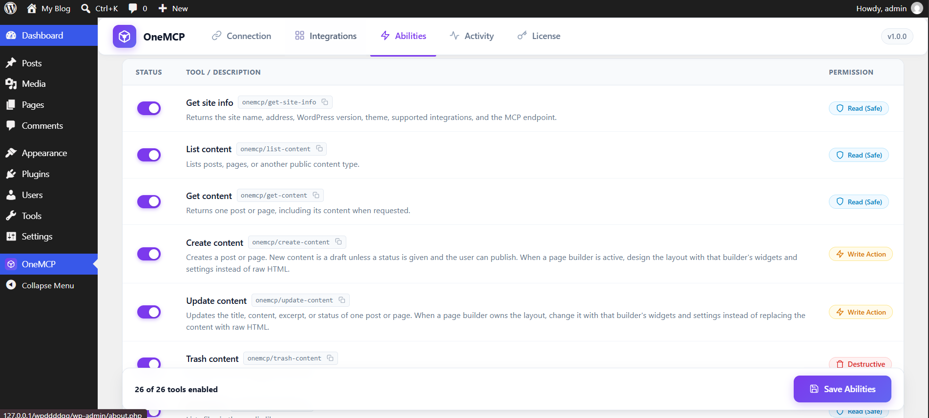 OneMCP Abilities screen listing WordPress tools