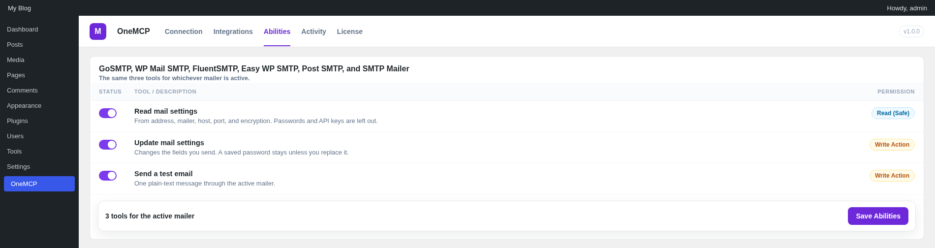 OneMCP Abilities screen with the three SMTP tools