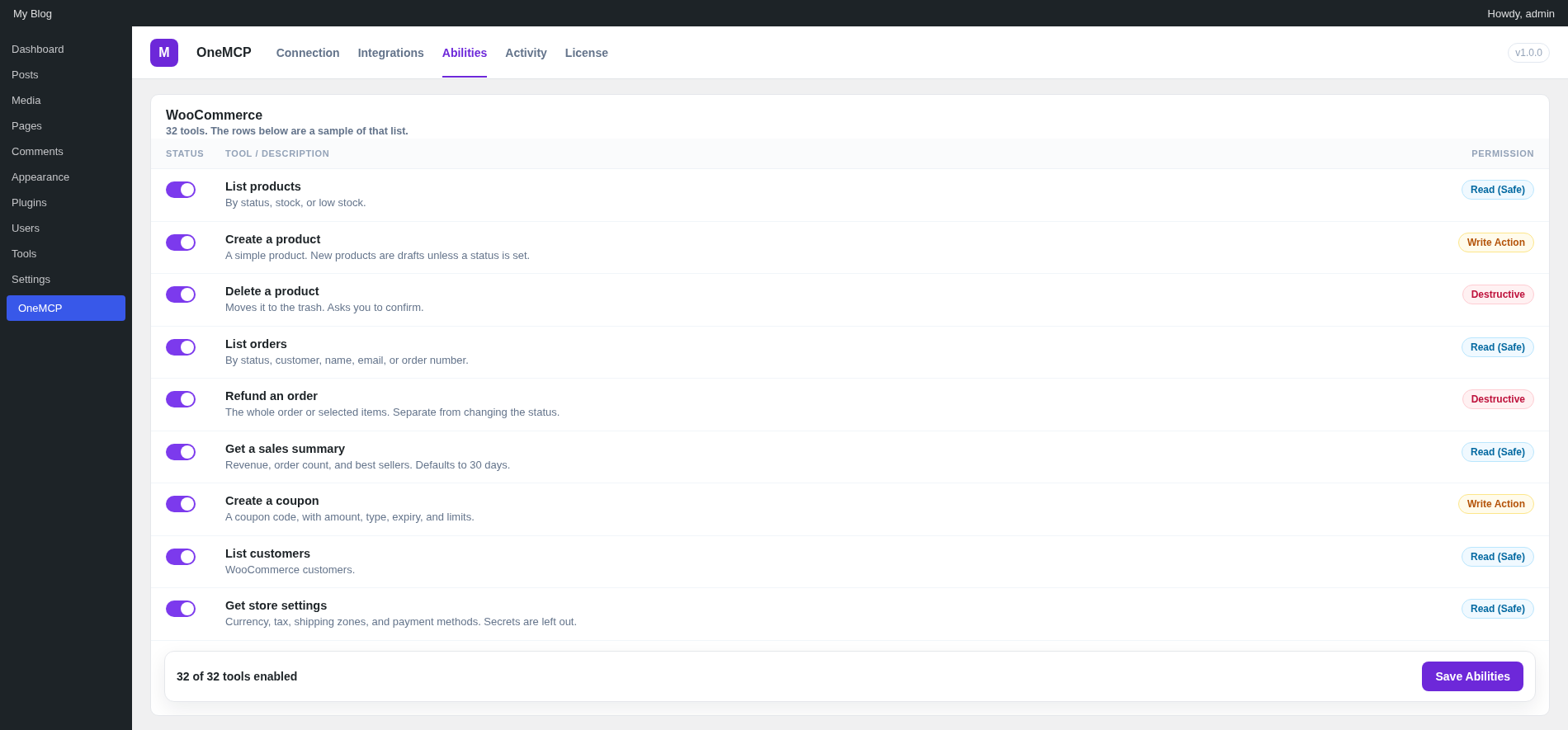 OneMCP Abilities screen with a sample of WooCommerce tools