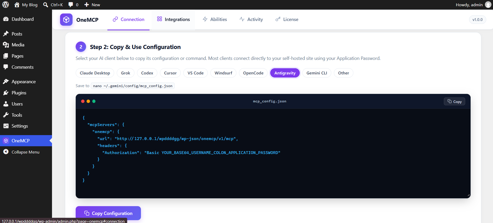 Antigravity mcp_config.json configuration preview in OneMCP admin