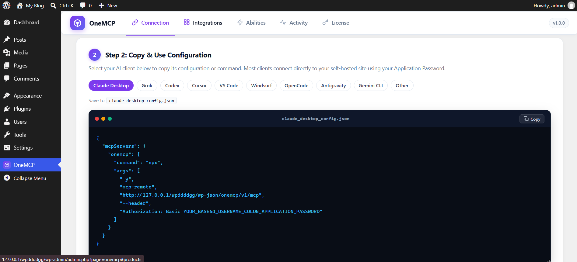Claude Desktop configuration preview in OneMCP admin