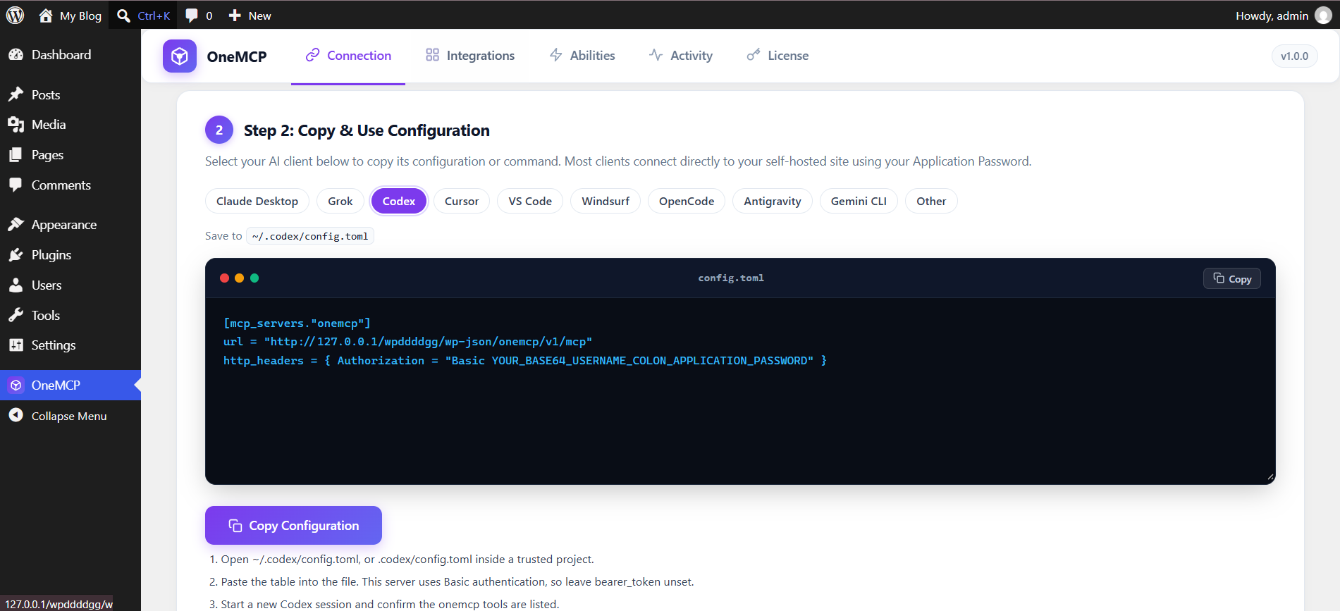 Codex config.toml preview in OneMCP admin
