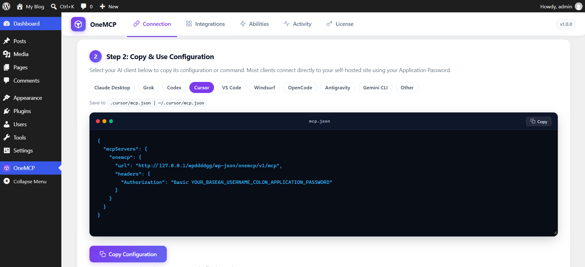 Cursor mcp.json configuration preview in OneMCP admin