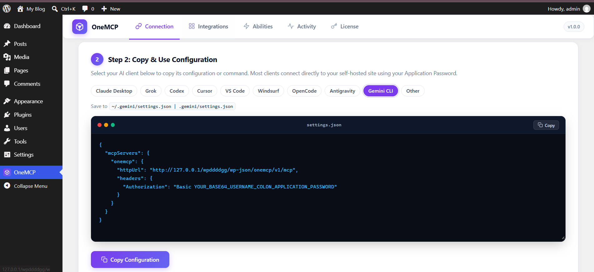 Gemini CLI settings.json preview in OneMCP admin