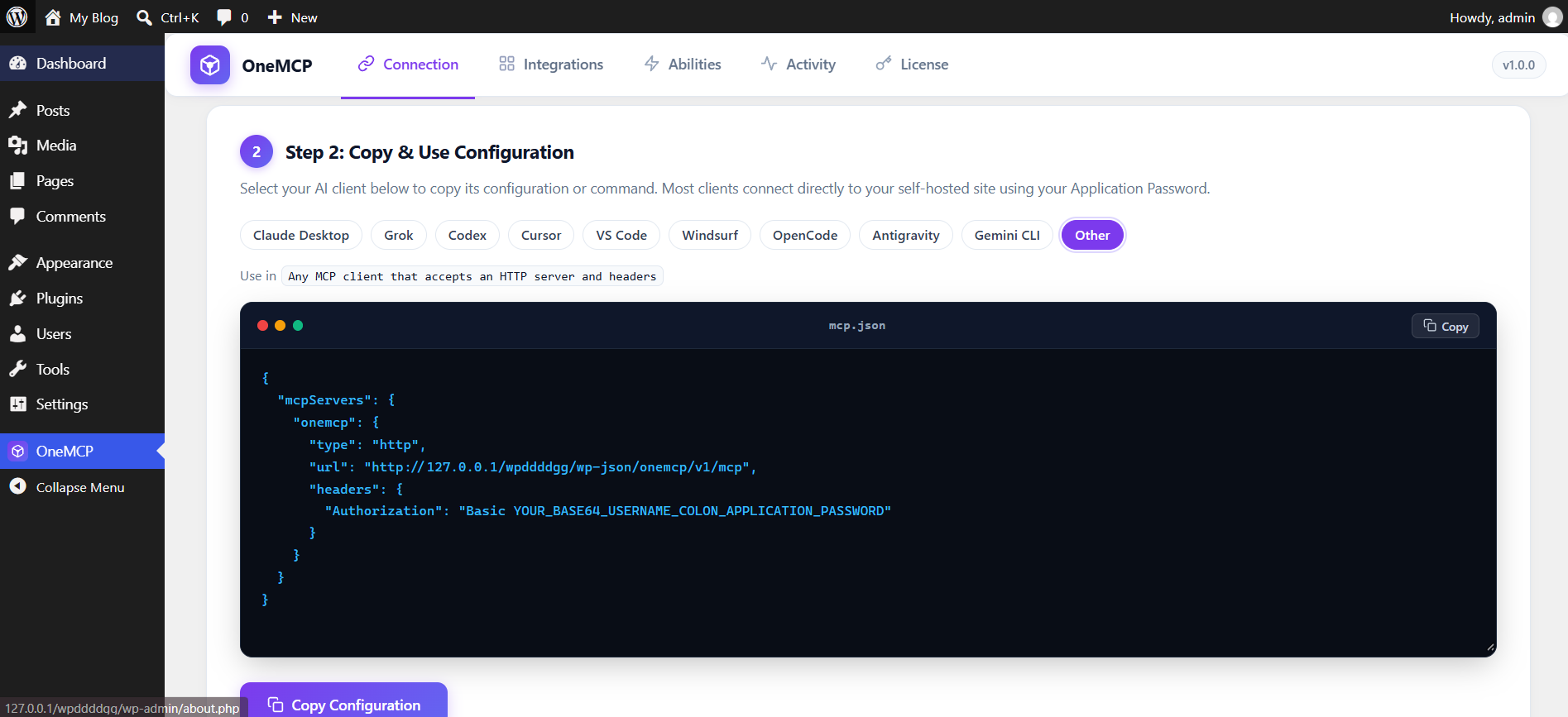 Generic MCP client configuration preview in OneMCP admin