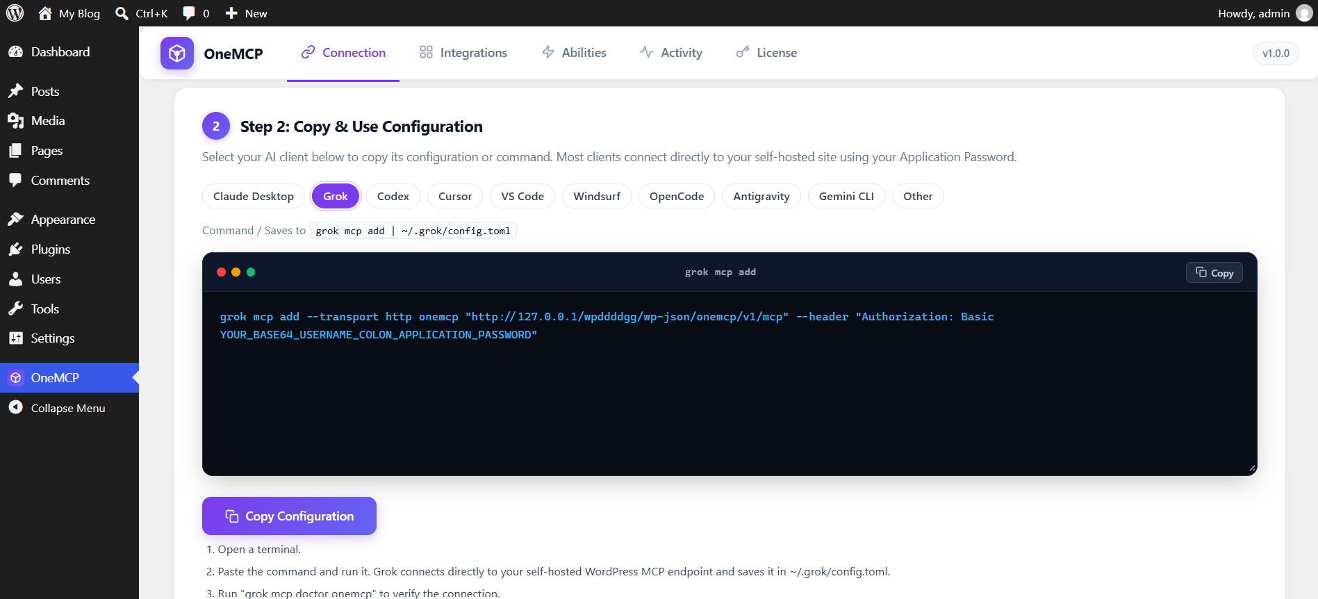 Grok command and config preview in OneMCP admin