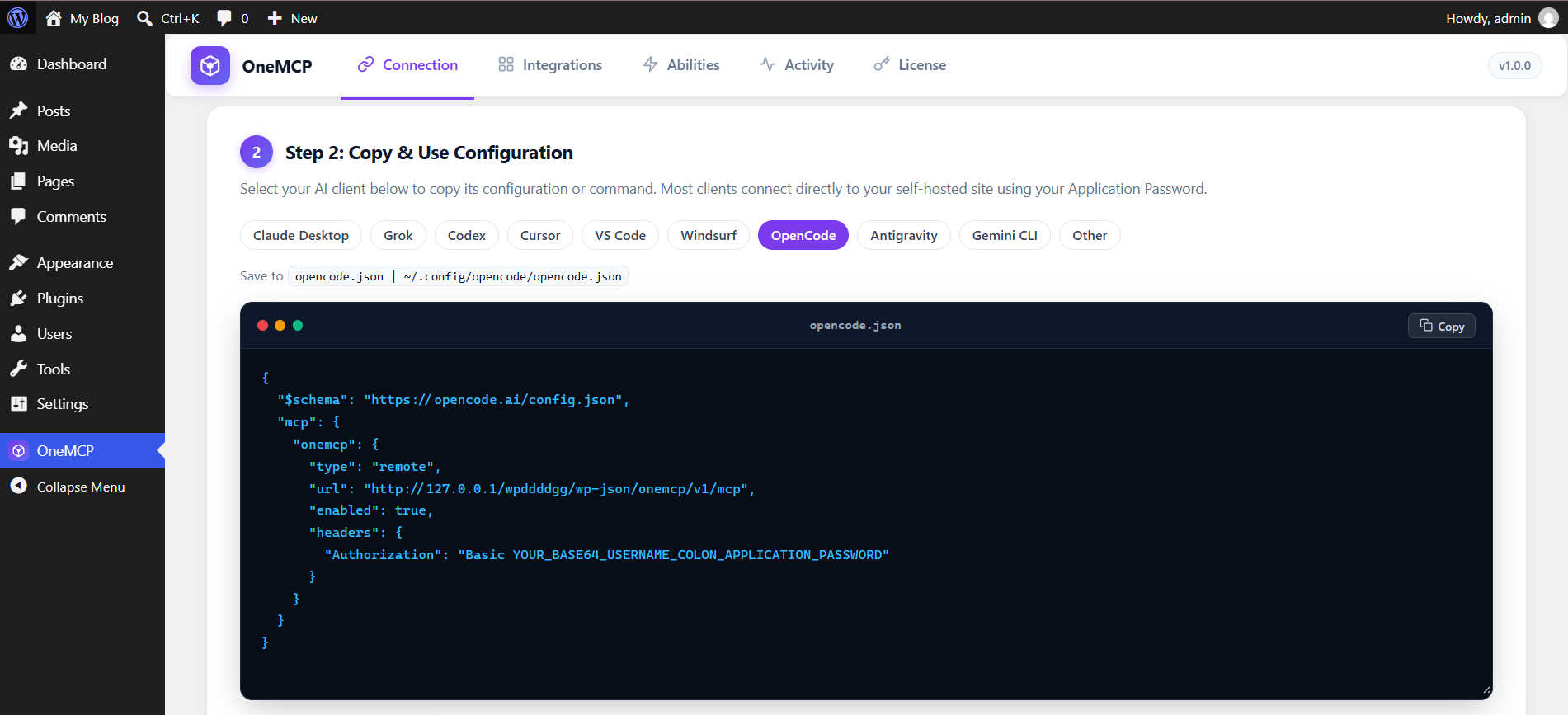 OpenCode opencode.json configuration preview in OneMCP admin