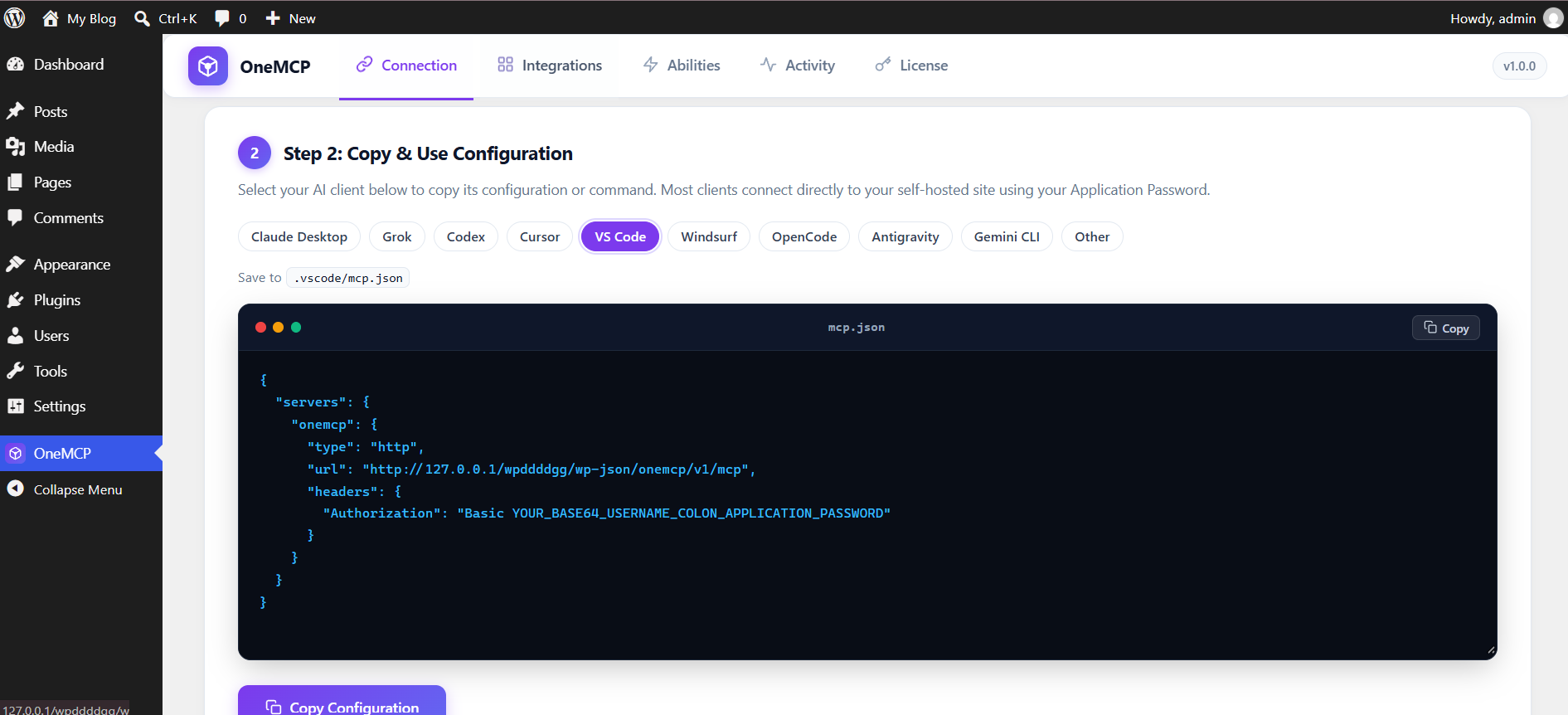 VS Code mcp.json configuration preview in OneMCP admin