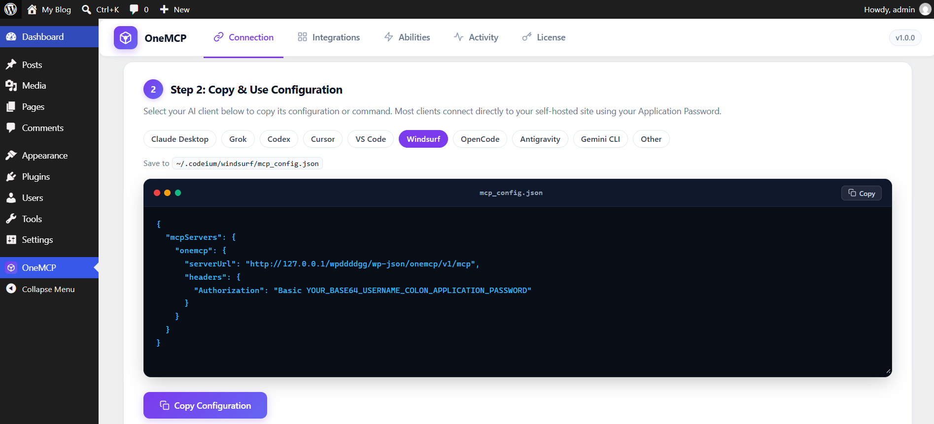Windsurf mcp_config.json configuration preview in OneMCP admin