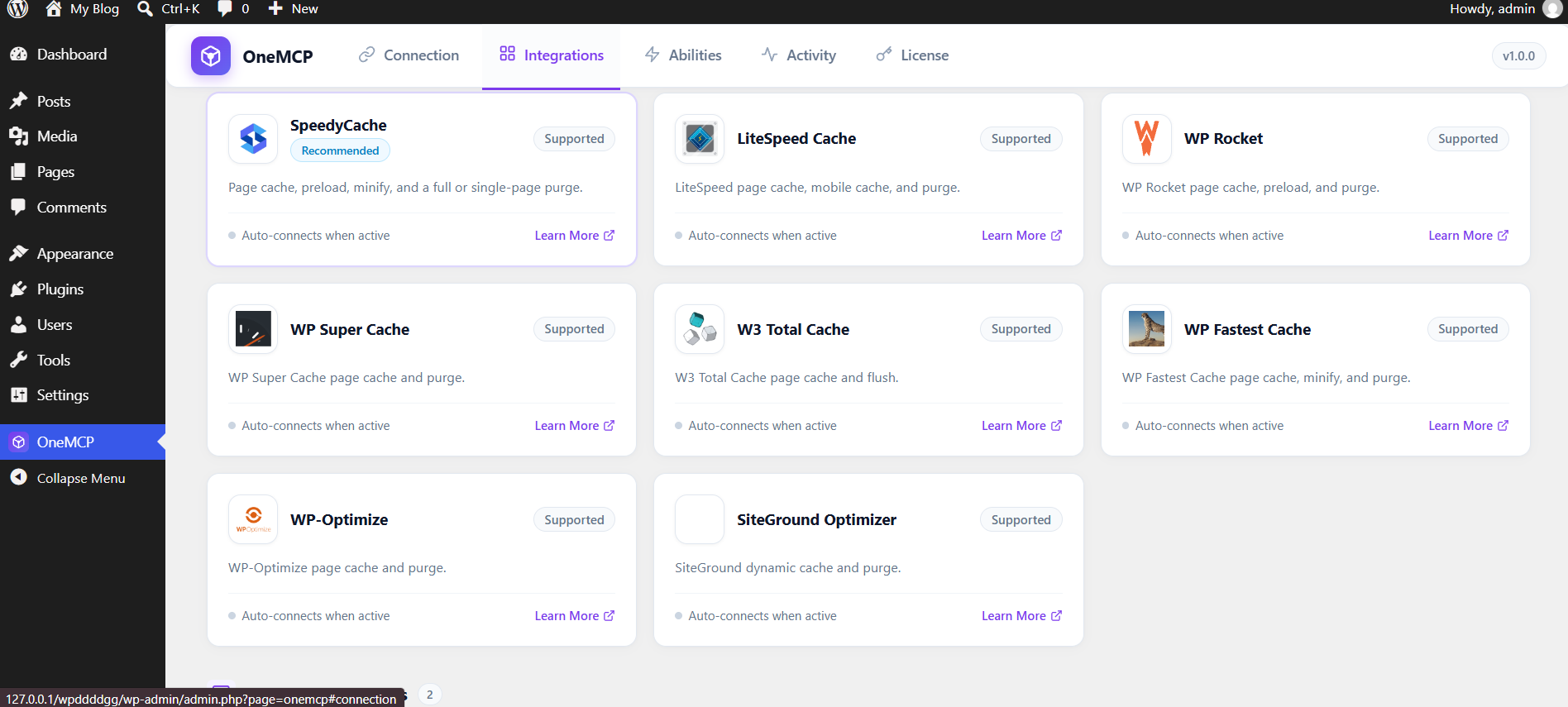 Cache & Performance Integrations in OneMCP WordPress Admin