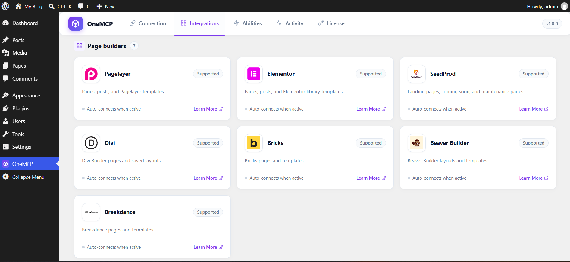 OneMCP Page Builders Integrations in WordPress Admin