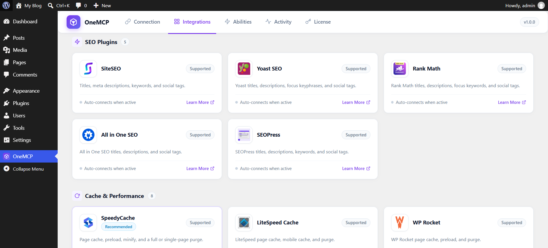 SEO Plugins Integrations in OneMCP WordPress Admin