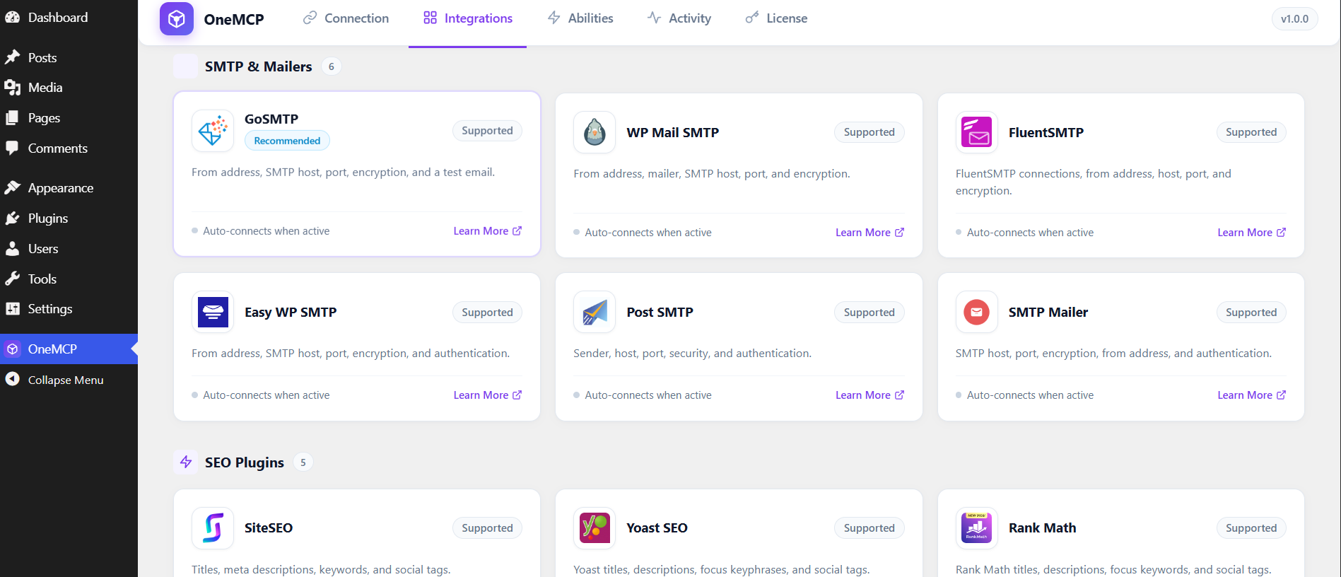 SMTP & Mailers Integrations in OneMCP WordPress Admin